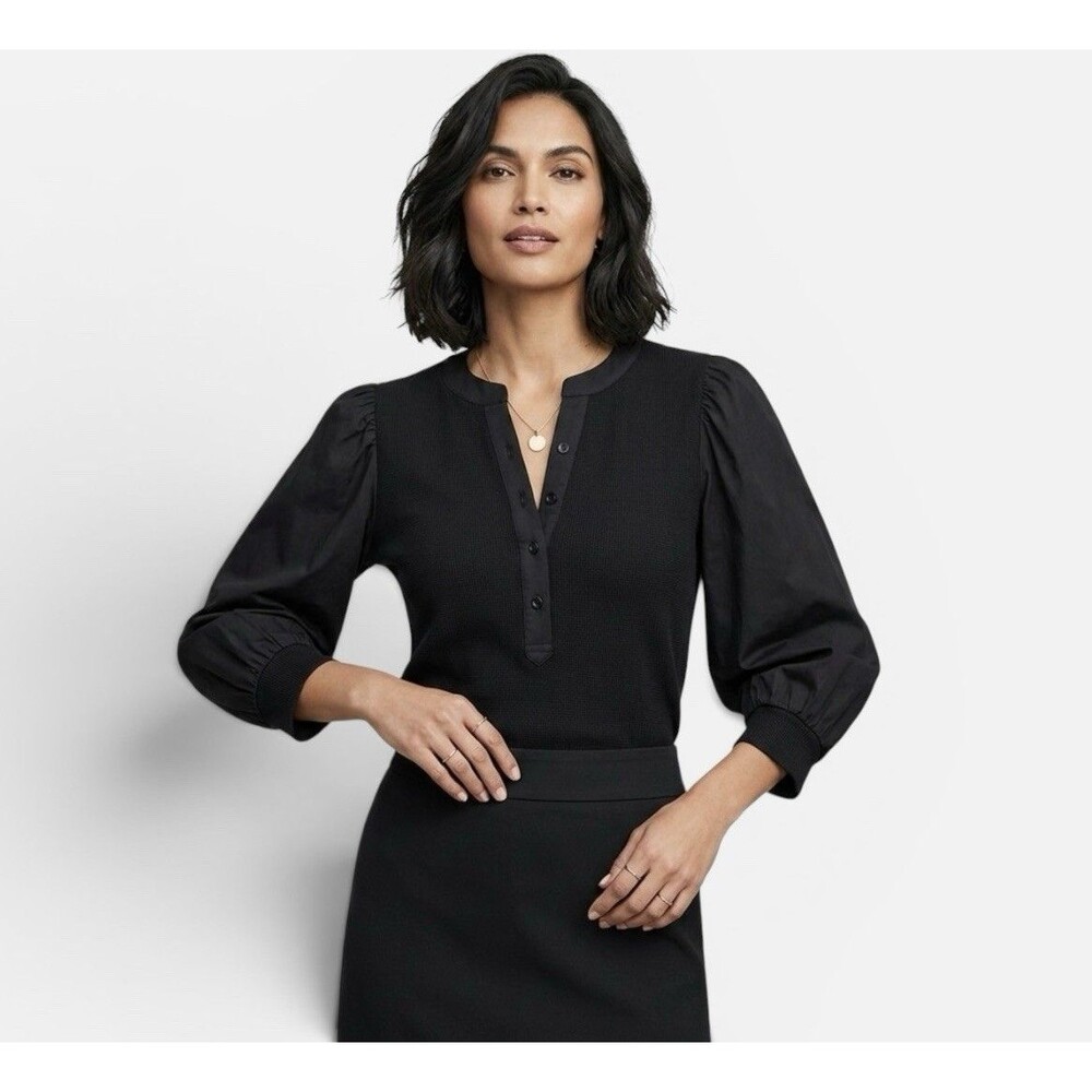 NWT Chico's Black Button Front 3/4 Puff Sleeve Ribbed Knit Blouse Top Medium NEW